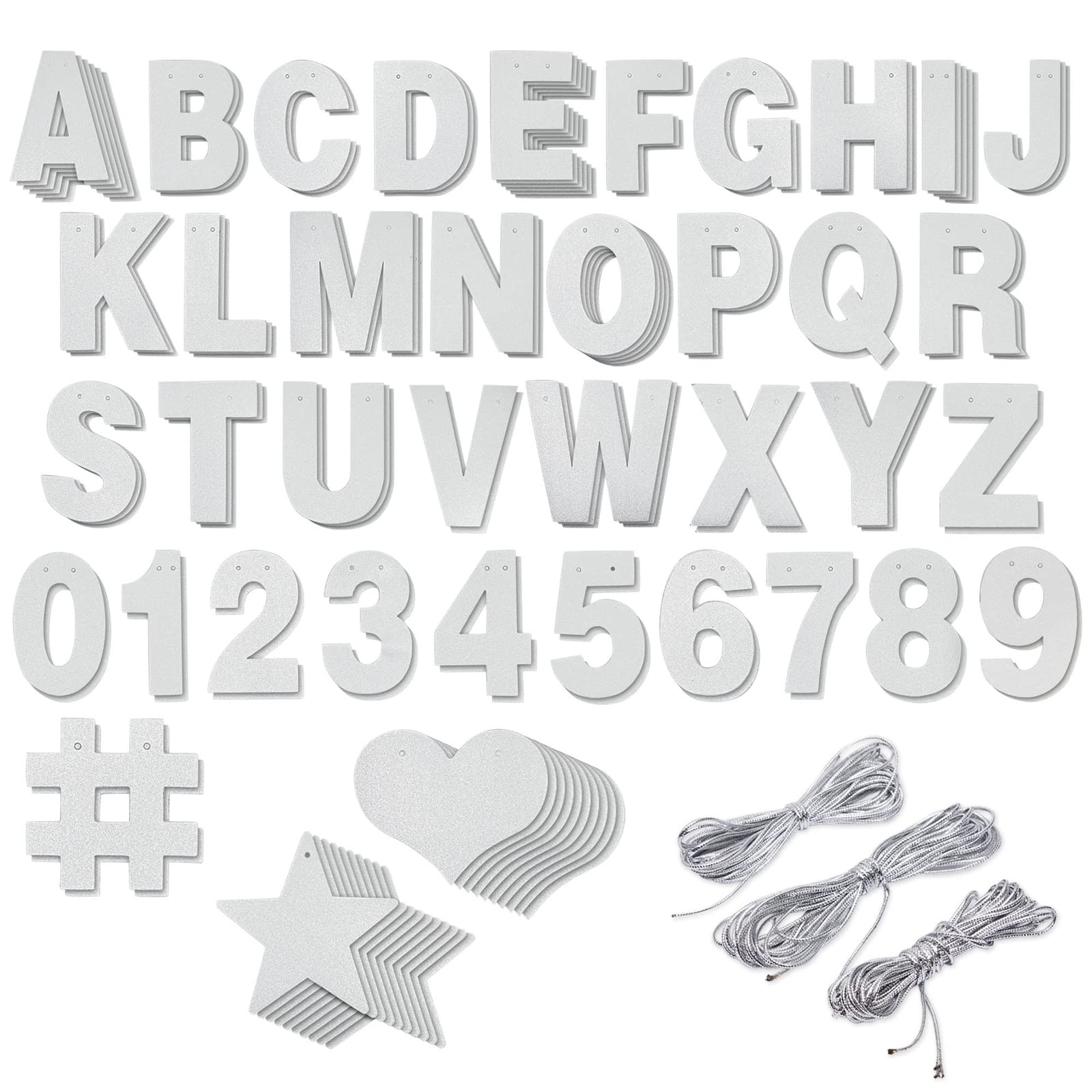 Photo 1 of 130-Piece DIY Silver Glitter Make Your Own Banner Kit with Letters, Numbers, Symbols, and String for Birthdays, Weddings, and Party Supplies Decor (5-Inch Letters)