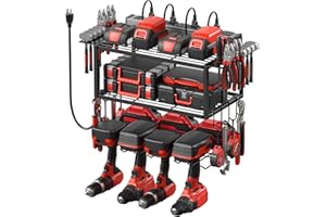 JUNNUJ Tool Organizer with Charging Station, 3 Layers Wall Mount Garage Tools Storage with 8 Outlets Power Strip, 4 Drills Holder Battery Heavy Duty Metal Shelf, Utility Rack with Hooks, Black