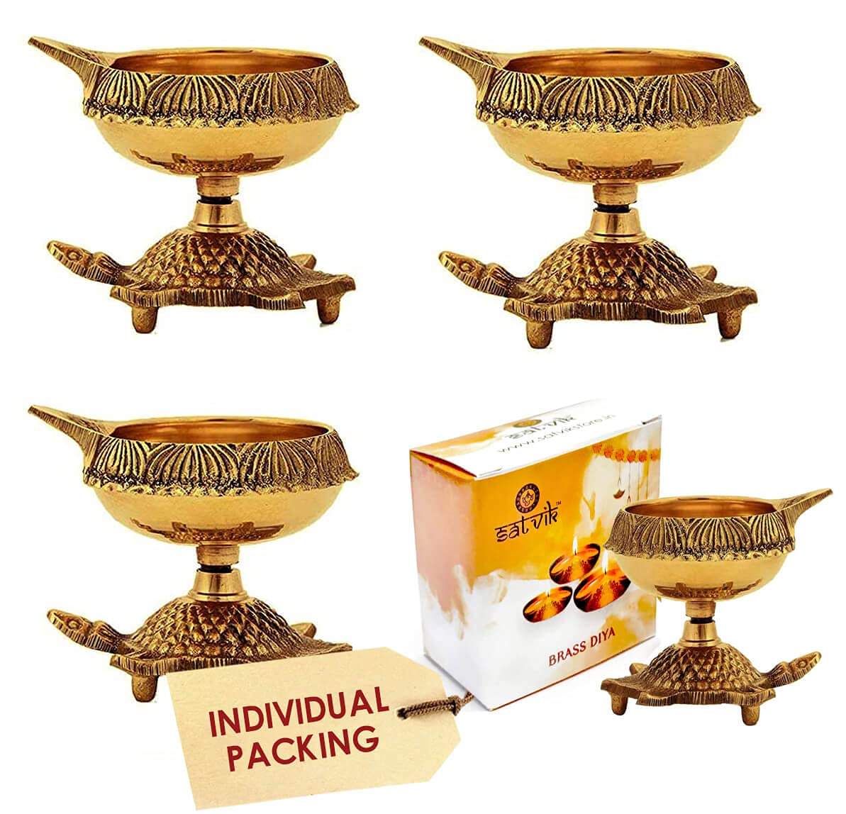 SATVIK 4 Pc Heavy Brass Kuber Turtle Diya for Diwali Decoration. Handmade Oil Lamp with Golden Engraved Pure Brass Metal. Diwali Diya Vilakku for Puja Pooja. Traditional Indian Deepawali Gift Items