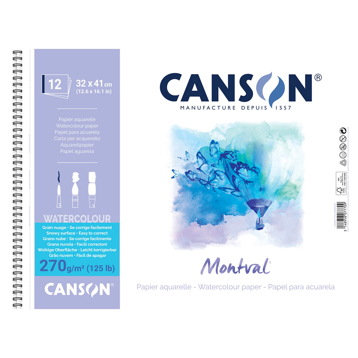 Canson AQ Montval Torchon Watercolour – 270 g/m², 12 Sheets Per Block Spiral on Short Edge, White 32 x 41 cm weiß