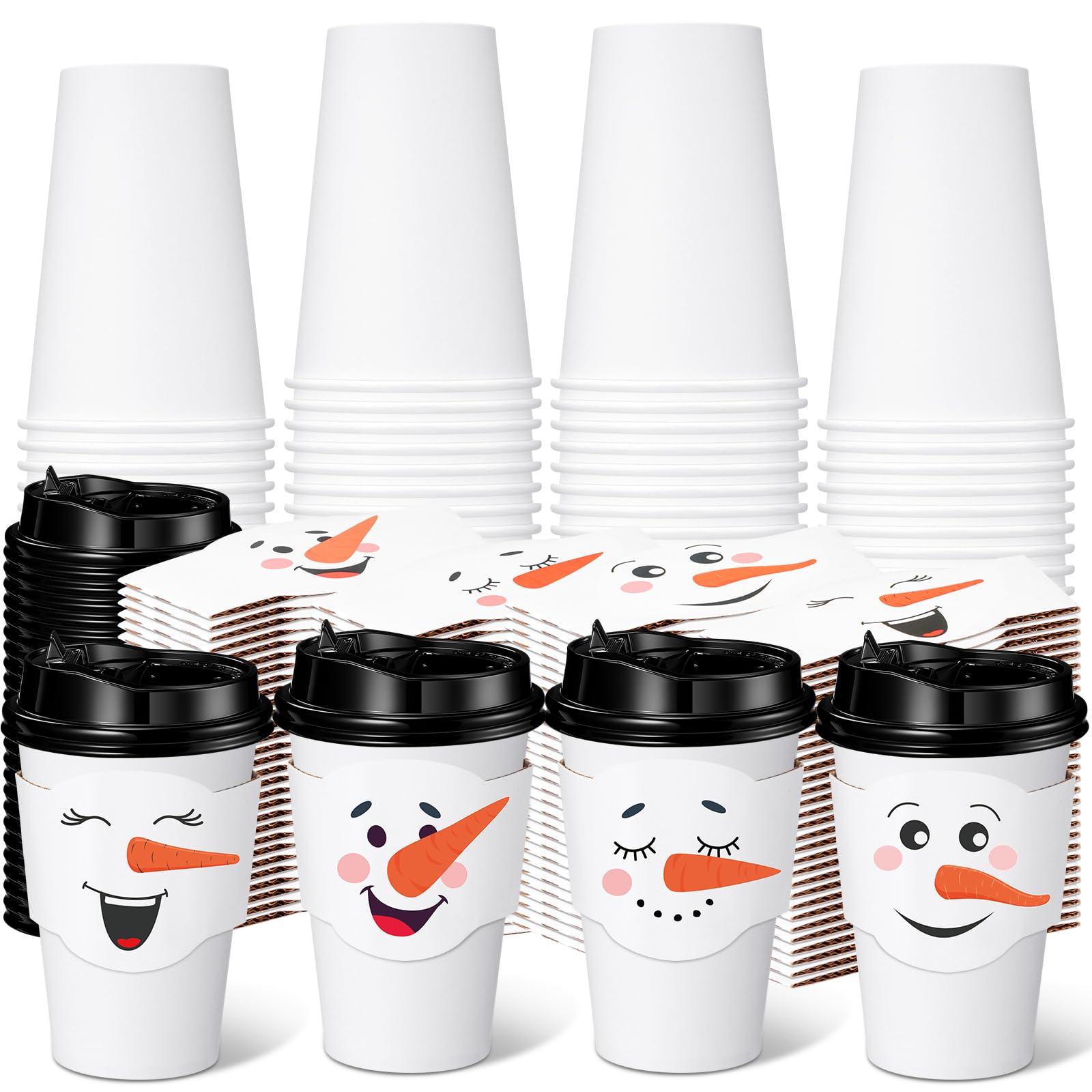 Photo 1 of Potchen 48 Sets 12 oz Christmas Disposable Paper Cups White Snowman Coffee Cups with Lids and Sleeves Bulk for Hot Cold Tea Drinking Winter Birthday Wedding Holiday Party Favors