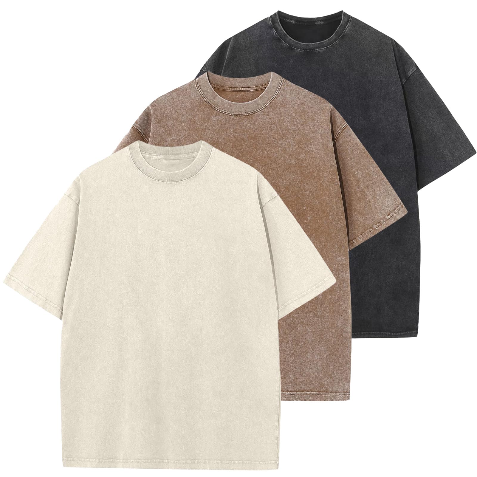 Photo 1 of 3 Pcs Oversized Heavy Cotton Summer T-Shirts Vintage Unisex Short Sleeves Casual Loose Basic Tops(Beige+Coffe+Black S)
