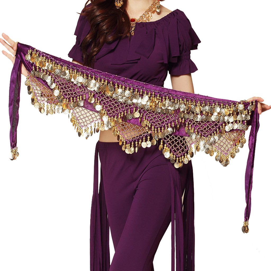 Baisdan Women's Sweet Belly Dance Hip Scarf, Belly Dance Skirt Wrap Gold Coins Costume Purple