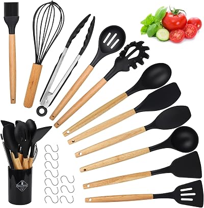 hicoosee 22 Piece Silicone Kitchen Utensils Set with Wooden Handles Black