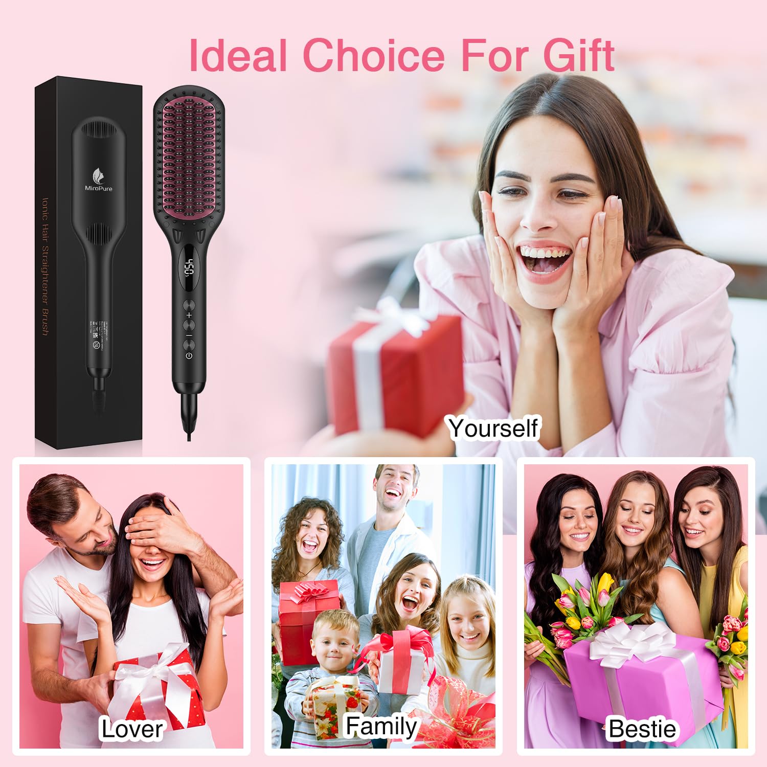 Enhanced Ceramic Hair Straightener Brush by MiroPure, 2-in-1 Ionic Straightening Brush with Anti-Scald Feature, Auto Temperature Lock & Auto-Off Function (Black)