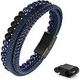 FOCOOG Leather Bead Bracelets for Men, Natural Tiger Eye Lava Rock Stone Bead Magnetic Clasp Adjustable Leather Bracelets Stress Relief Mens Anxiety Bracelet Mens Jewelry Gifts