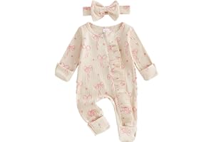 Socutebabe Newborn Baby Girl Coming Home Outfit Ruffle Romper Onesie Cute Ribbed Knit Jumpsuit Winter Clothes and Headband