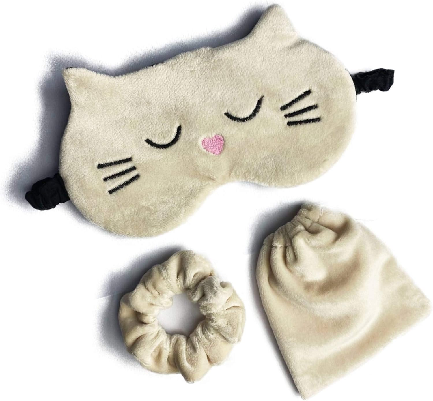 Cute Cat Sleeping Mask Fluffy Animal Eye Mask for Sleeping Velvet Gift Set Bag + Scrunchie Plush Sleep Mask Fun Kids Adult Sleeping Mask Gift fo her FBA