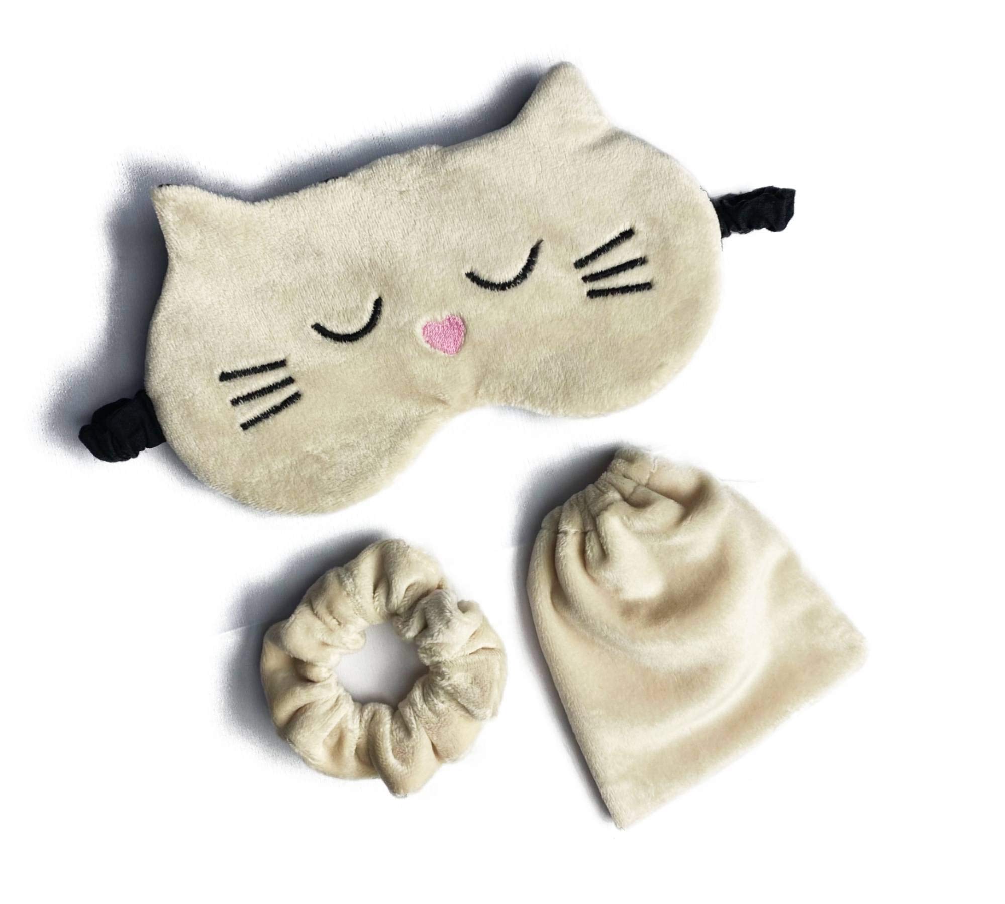 Cute Cat Sleeping Mask Fluffy Animal Eye Mask for Sleeping Velvet Gift Set Bag + Scrunchie Plush Sleep Mask Fun Kids Adult Sleeping Mask Gift fo her FBA