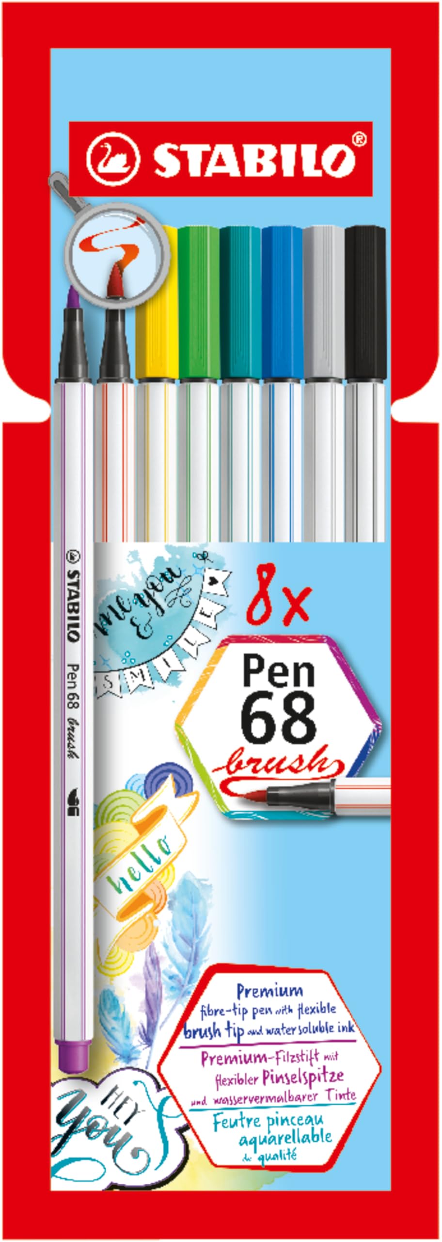 STABILO Pen 68 brush - Premium Fibre-Tip Pen with Brush Tip - Pack of 8 - Assorted Colours