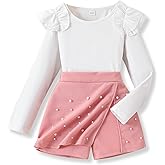 Vitalique Kids Girls Clothes Fall Ruffle Sleeve Tops Short Skirt Set 2Pcs Outfit