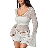 MakeMeChic Women's Mesh Knit Bell Sleeve Tops Scoop Neck Crop Crochet Tops