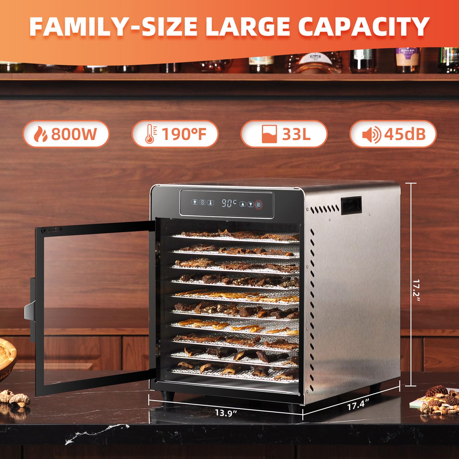 Septree 800W Food Dehydrator | Large 10 Stainless Steel Trays | Digital Adjustable 190°F Temperature& 24H Timer, Versatile Drying Machine for Jerky Herbs Fruit Mushrooms Yogurt, Built-in Light