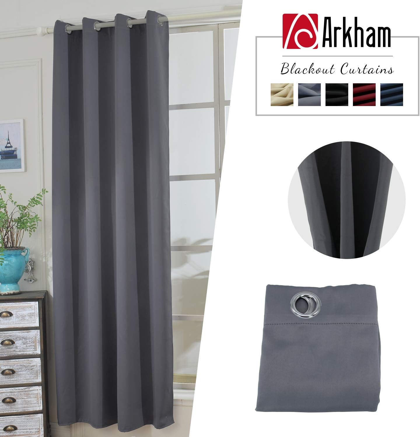 Arkham Grey Blackout Eyelet Curtains 1 Panel for Bedroom|Kindergarten Thermal Insulated Noise Reducing Curtain Drapes Room Darkening & Energy Saving,46''Width 54'' Drop, Grey