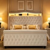 Queen Size Bed Frame with Headboard, LED Light and Charging Station, Beige | Velvet Upholstered Bed Frame with Storage Space, High Quality Artificial Board Bed Frame, No Box Spring Needed Noise Free A