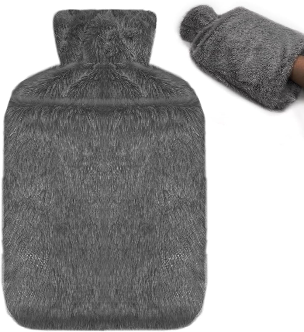 Jsdoin Hot Water Bottle with Faux Fur Cover 2L Dark Grey UK