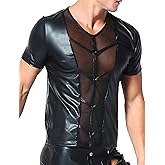 FEOYA Men’s Leather Shirts Short Sleeve Slim Fit Tops Short Sleeve Round Neck Clubwear Sexy Black Leather T-Shirts