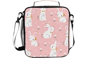 AUUXVA Cute Pink Bunny Kids Lunch Bags for Girls Boys Insulated Lunch Box Thermal Lunchbox Tote Bag with Adjustable Strap Leakproof Durable Lunch Cooler for Children Women School Work