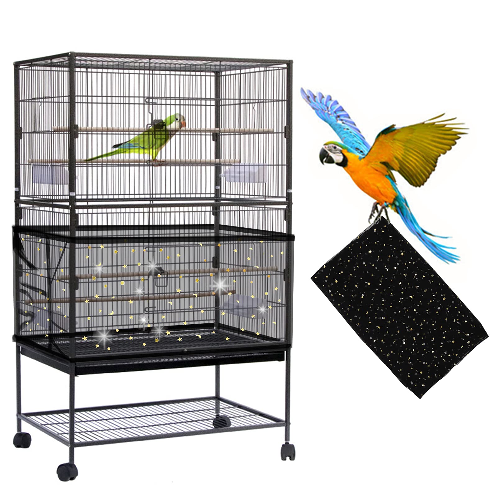 Daoeny Large Bird cage Cover, Adjustable Soft Nylon Mesh Net with Twinkle Moon Star, Birdcage Seed Guard for Parrot, Parakeet, Macaw Round & Square Cages (Black)