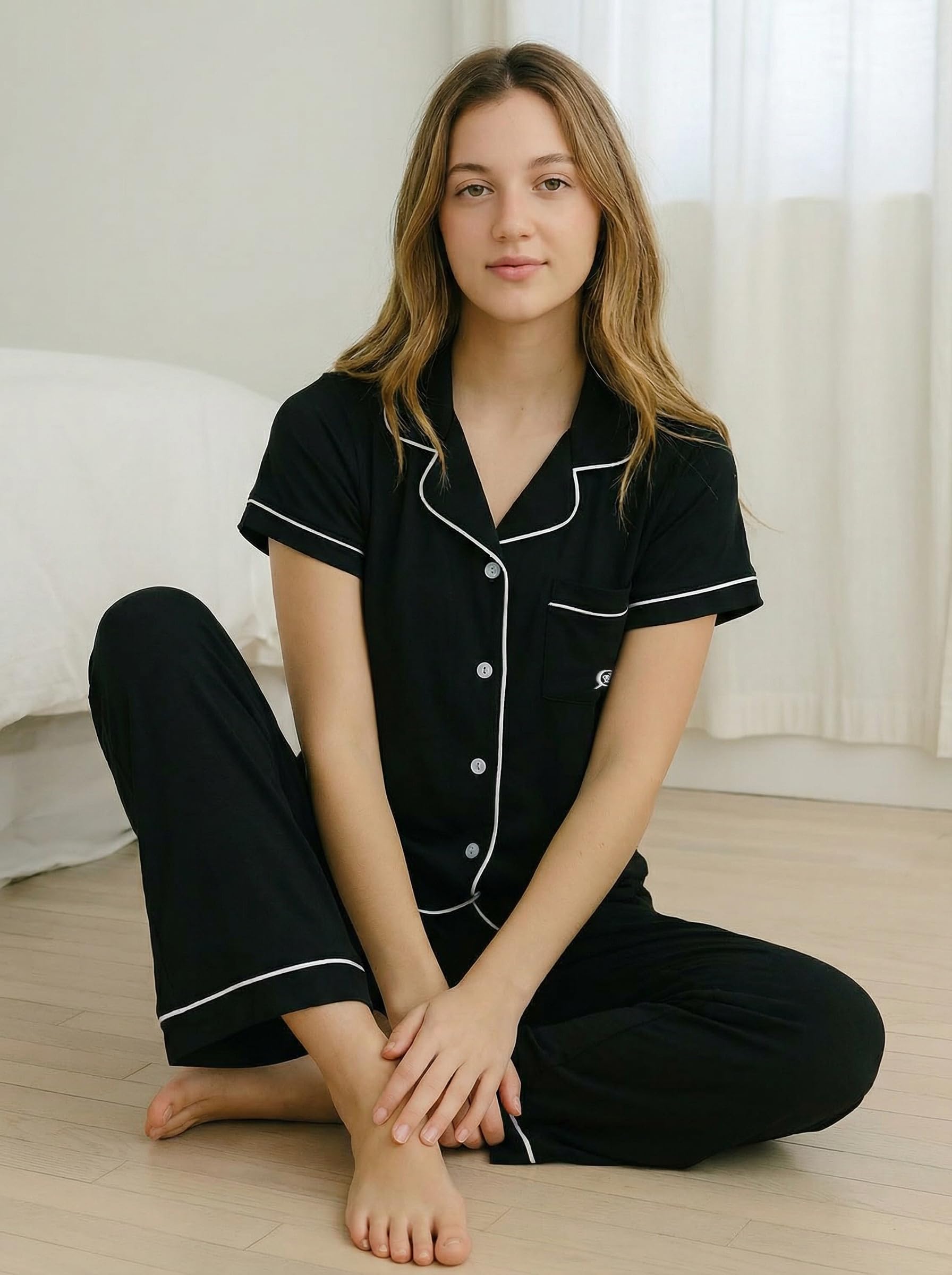 BORN Soft Button Up Pajamas for Women, Knit Button Down Pajama Set with Pants, PJ Sets (Black, Medium)