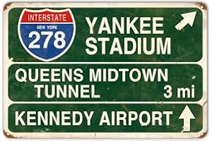 HomDeo Retro Yankee Metal Tin Sign Stadium Queens Midtown Tunnel 3 Miles Street Sign Bar Club Decor Pub Man Cave Wall Hanging Decoration 12x8 Inches
