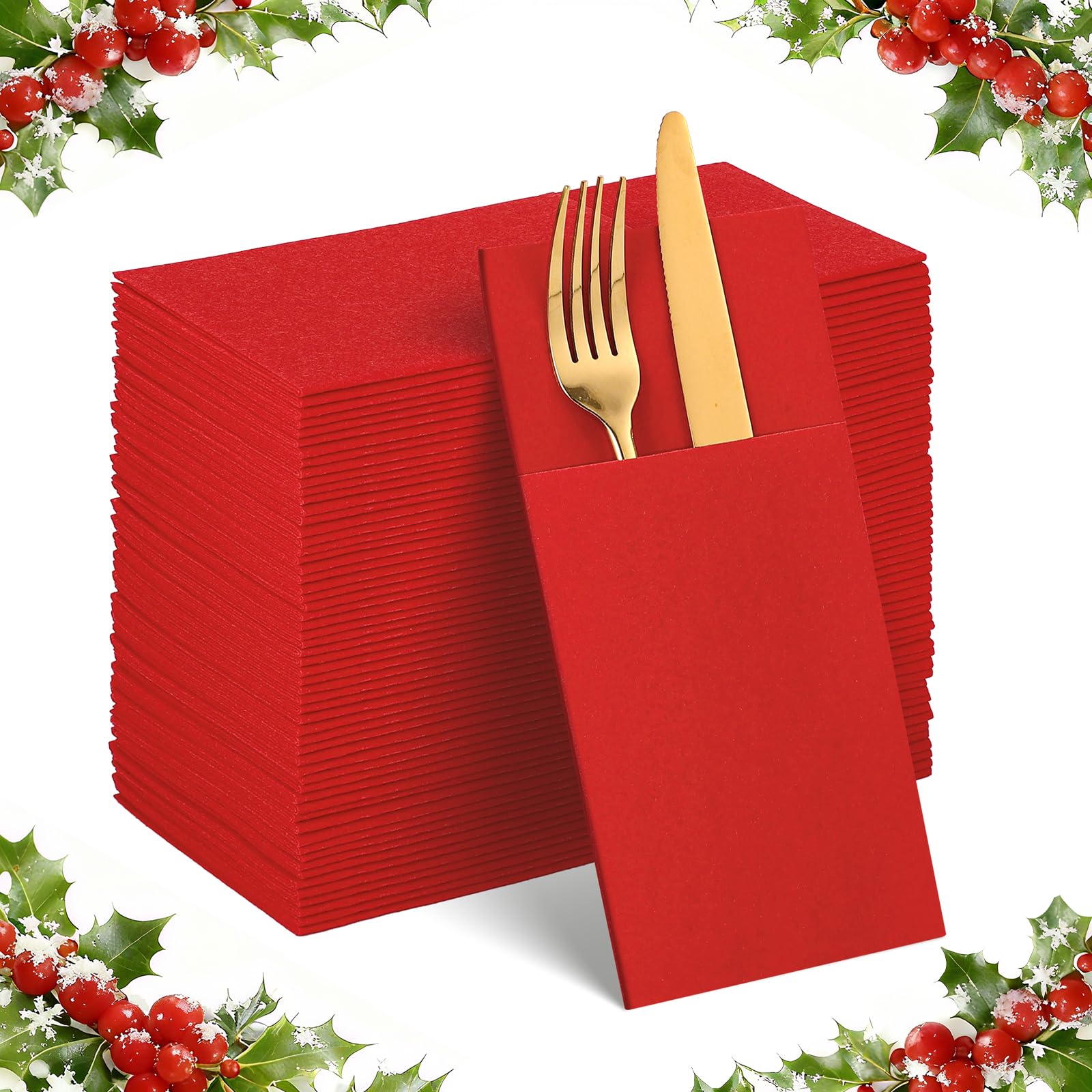 Photo 1 of 60 Pcs Red Linen-Feel Paper Napkins with Built-in Flatware Pocket, Christmas Pocket Linen Napkins Prefolded Cloth Like Paper Napkin Bulk for Christmas Silverware Birthday Bathroom Weddings Party