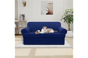 Pfrstuv Waterproof Loveseat Cover 3-Piece Set Striped Slipcover for 2 Separate T Cushion Couch - TPU Fabric 2-Seater Sofa Covers Leakproof Couch Protector for Kids, Pets(Loveseat, Navy)