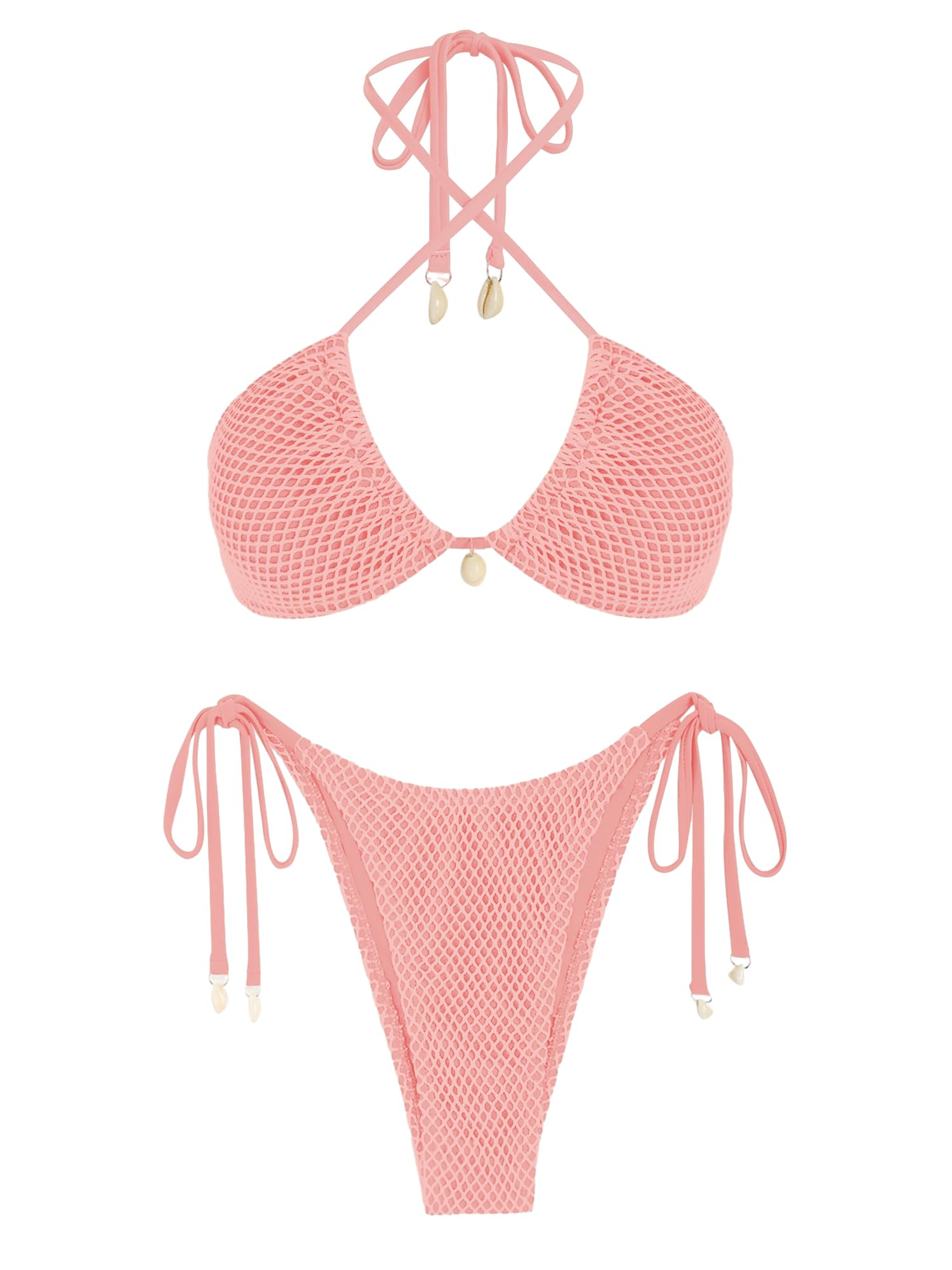 Photo 1 of ZAFUL Women's Bikini Set Fishnet Triangle Tie Convertible Collar Halter Bandeau Shell Two Piece Bathing Suit Pink