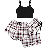 GORGLITTER Women's 3 Piece Plaid Pajamas Pants Set Cami Top with Shorts Loungewear Sleepwear