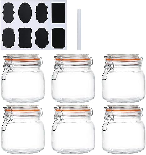 Amazon Com Encheng 25 Oz Glass Jars With Airtight Lids And Leak Proof Rubber Gasket Wide Mouth Mason Jars With Hinged Lids For Kitchen Canisters 750ml Glass Storage Containers 6 Pack Kitchen