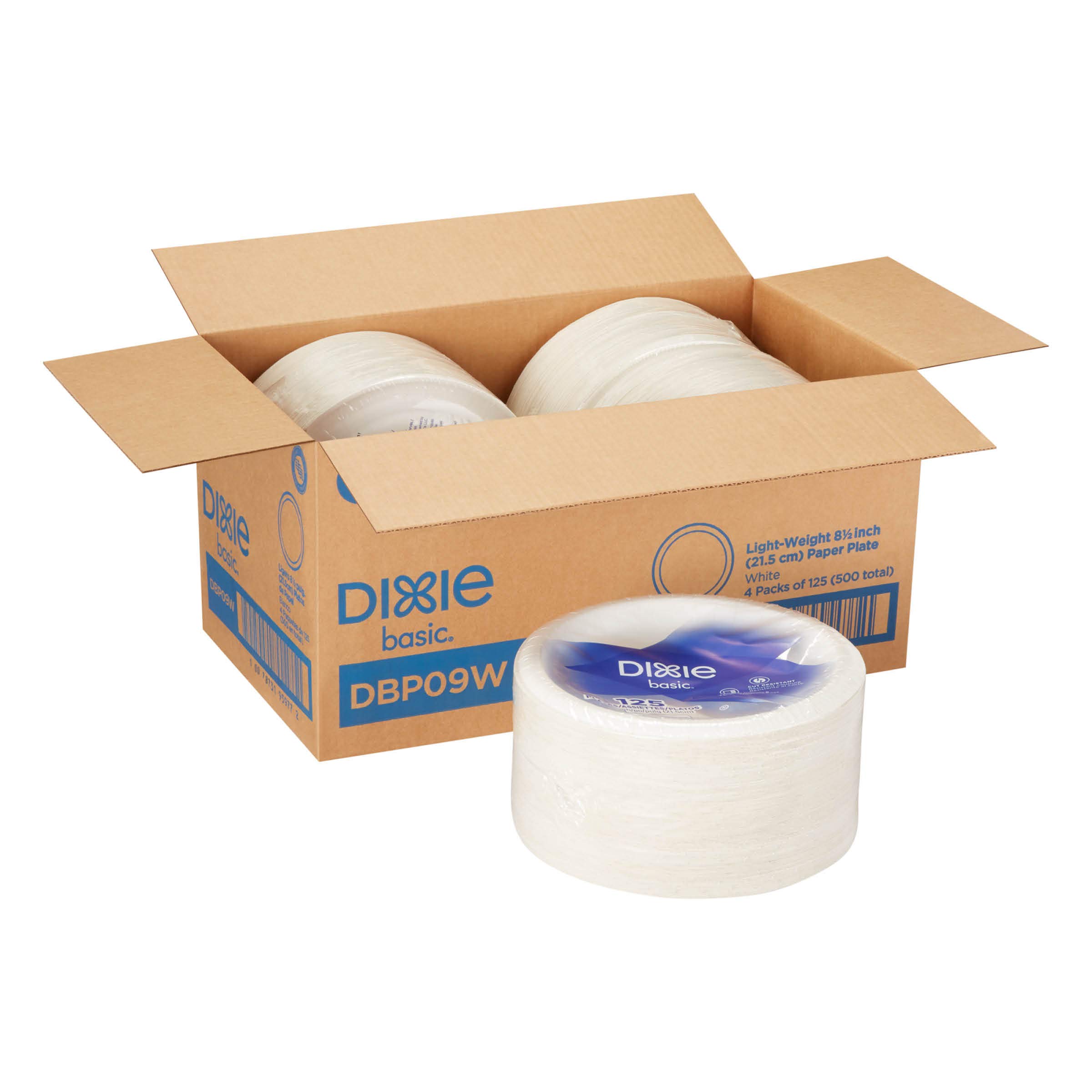 Dixie Basic 8.5" Light-Weight Paper Plates by GP PRO (Georgia-Pacific) White DBP09W 500 Count (125 Plates Per Pack 4 Packs Per Case)