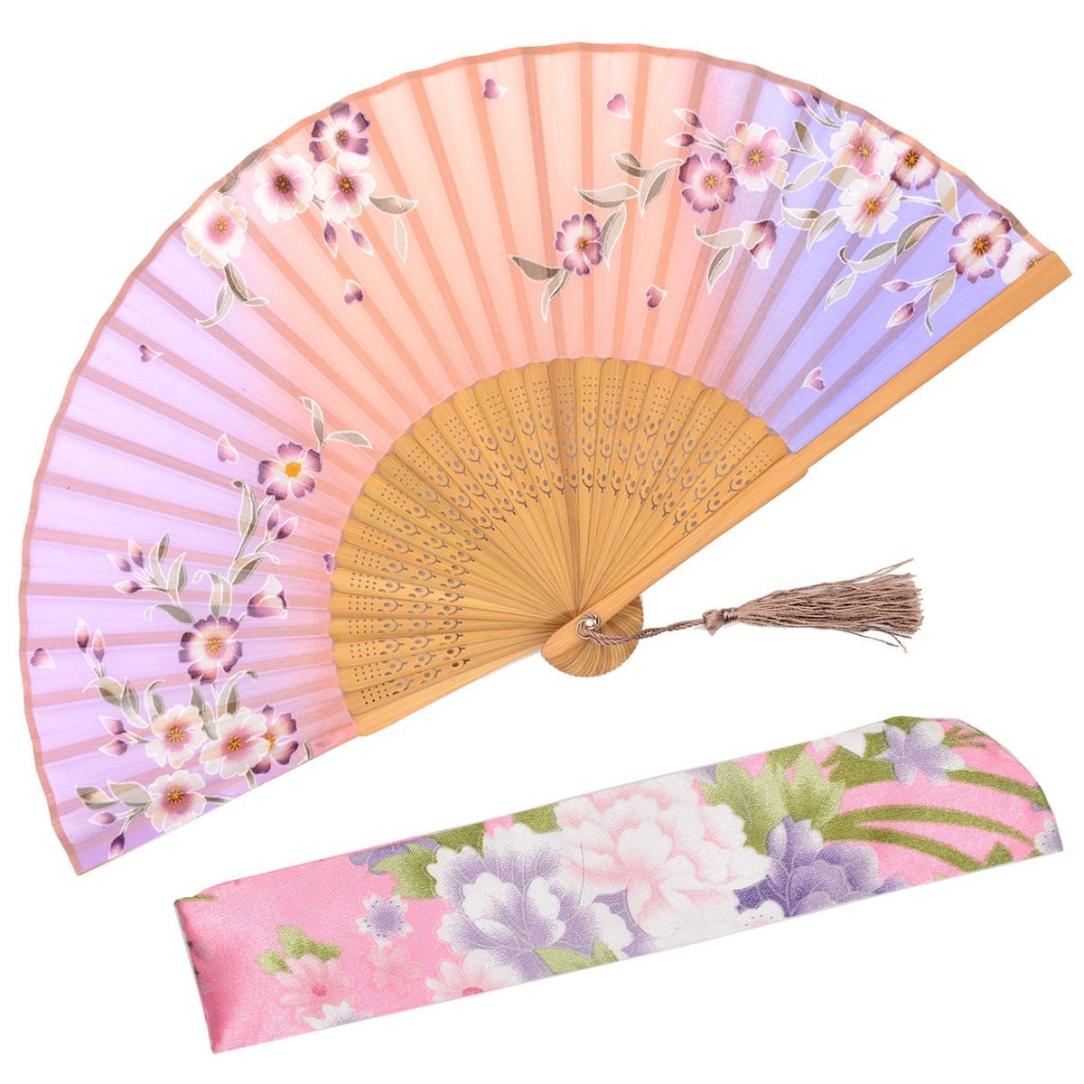 OMyTea "Lily Chinese/Japanese Women Hand Held Silk Folding Fans with Bamboo Frame - With a Fabric Sleeve for Protection (Redbud - Pink)