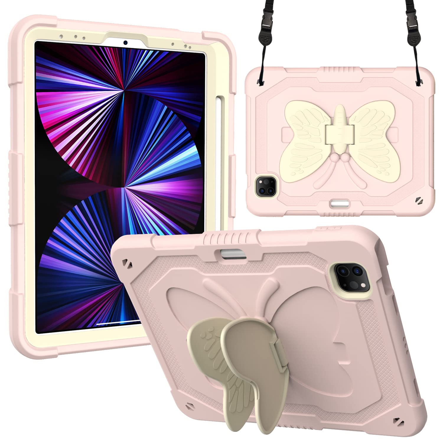 Compatible with iPad Mini 6 (2021), 3D Heavy Duty Hard Rugged Protective Case Cartoon Cute Butterfly Wings Stand Shockproof Silicone Case with Stand for Kids (Rice Rose Powder)