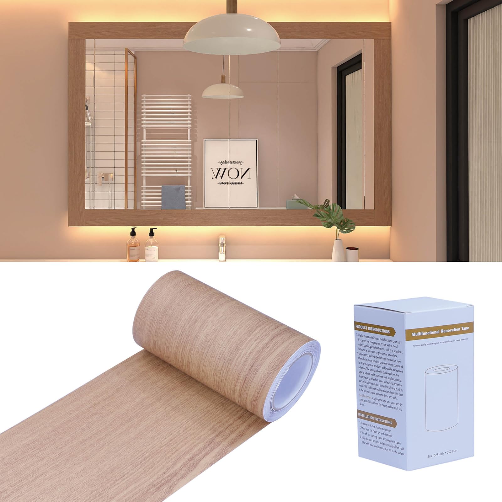 FEILAYS Wood Grain Wallpaper Border Removable Waterproof Mirror Border Peel and Stick Bathroom Mirror Frame Border (Natural Oak) 15cm x10m