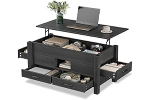 Lift Top Coffee Table with 4 Storage Drawers, 39.4" Modern Farmhouse Center Table with Hidden Compartment, Textured Wood Grai