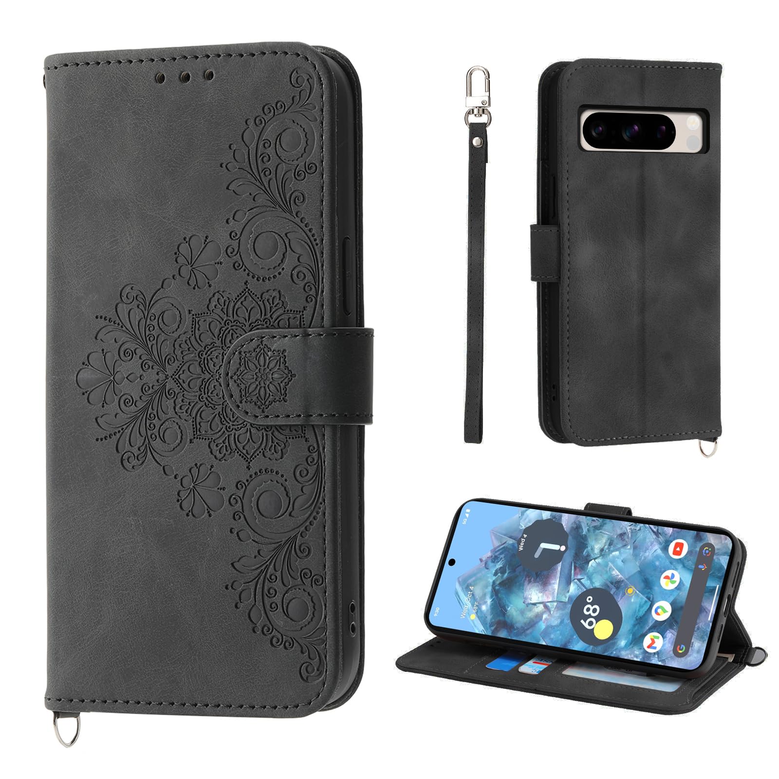 Auslbin Flower Google Pixel 8 Pro Case (2023) 6.7", Vintage Style PU Leather Protective Case for Google Pixel 8 Pro (2023), Black