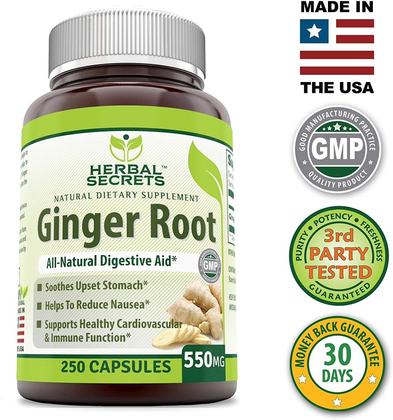 Herbal Secrets Ginger Root 550 Mg 250 Capsules (Non-GMO)- Helps to Reduce Nausea * Supports Upset Stomach*: Health & Personal Care
