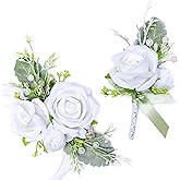Fnize White Wrist Corsage and Boutonniere Set for Bride Groom Bridesmaids Groomsmen Wedding Homecoming Flowers Prom Suit Accessories, Rose Boutonniere and Corsage Wristlet Flower