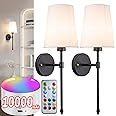Battery Operated Wall Sconce Light with Remote Control, Dimmable Wall Sconce Set of 2 with White Fabric Shade, Indoor Wireless Battery Operated Wall Lamp Light For Bedroom Living Room, Bulb Included (