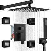 gotonovo Rainfall Shower System with Full Body Jets 4pcs Matte Black | 12&rsquo;&rsquo; Rainfall Shower Head with Handheld Spray Combo,Wall Mount,Rough-in Valve and Trim Kit,Brass Body Message Jets,All Metal