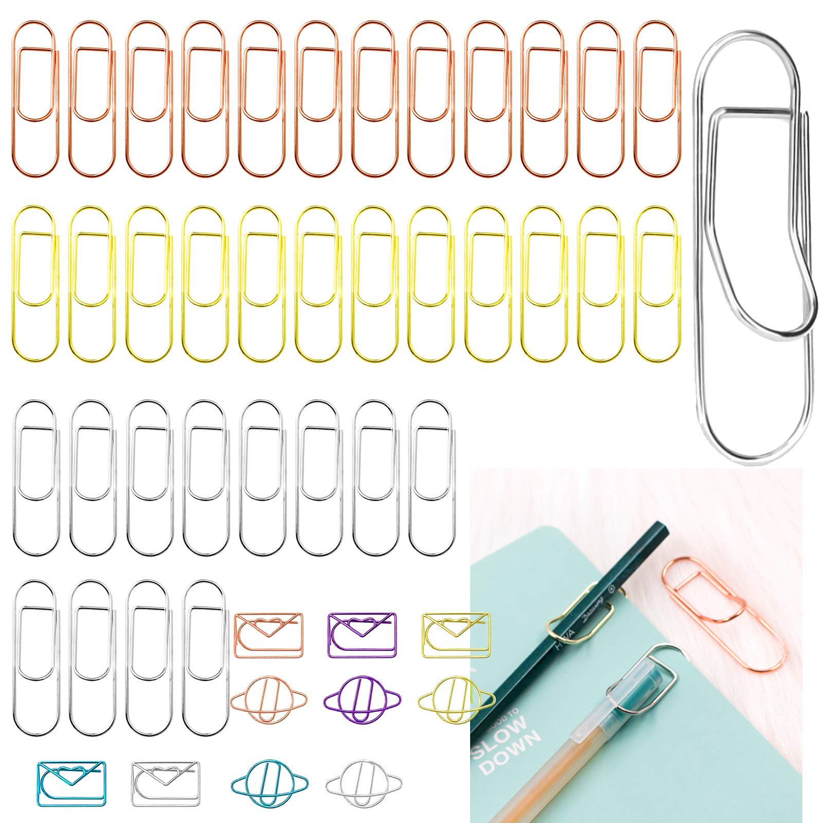 Daily Treasures 36Pcs Stainless Steel Pen Holder Clips, 3 Colors Metal Pen Clip Paper Clip with 10Pcs Metal Bookmarks for Notebooks, Journals, Pictures, Calendars, Planner-Fits Most Pen Size