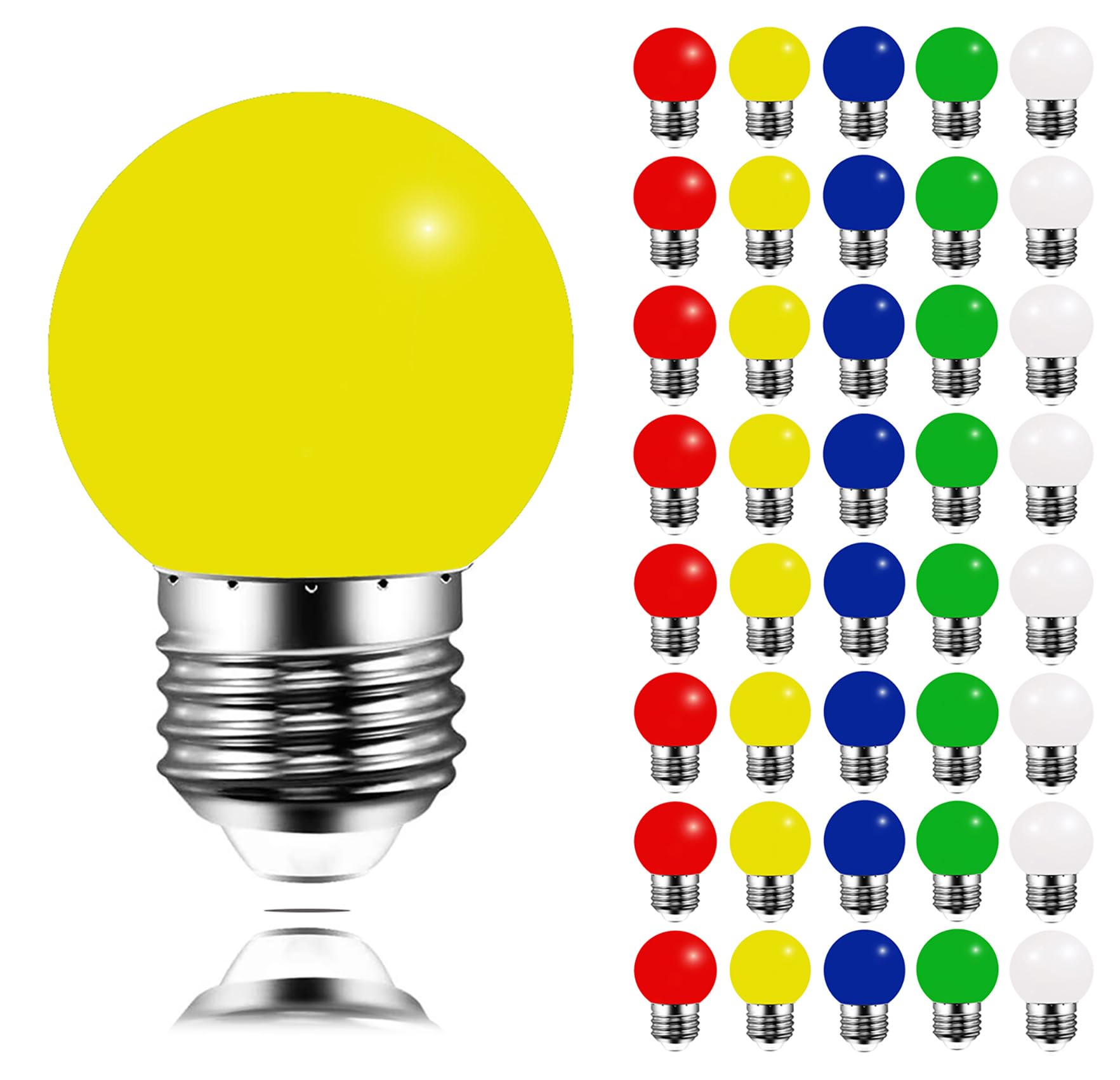 40 Pack Coloured LED Bulbs Golf Ball E27 3W, Not dimmable, Garden Light Bulb, Multicoloured Bulbs for Outdoor Indoor String Wedding Party Bar Mood Ambiance Decor (Red Yellow Blue Green White)