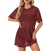 LYANER Women's Sheer Mesh Short Sleeve Cover Ups Round Neck See Through Sexy Blouse Shirt Top