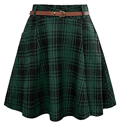 Belle Poque Green Plaid Skirt with Belt and Pockets