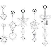 Wikovzy 6Pcs Belly Button Ring Dangle Navel Belly Piercing Jewelry Bow Heart Butterfly Flower Navel Belly Rings Stainless Steel Dangling Jewelry 14G Cute Pink White CZ for Women