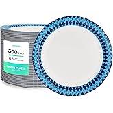 JOLLY PARTY 8.37 inch Disposable Paper Plates, 300 Count Dinner Plates, Soak Proof, Cut Proof for Everyday Use, Navy Diamond Pattern Rim Design
