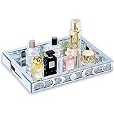 Crush Diamond Mirror Perfume Tray, Silver Glass Mirror Trays for Vanity, Table Trays Decorative, Moon Phase Pattern Vanity Trays for Bedroom Dresser Bathroom(15”x11”x2”)