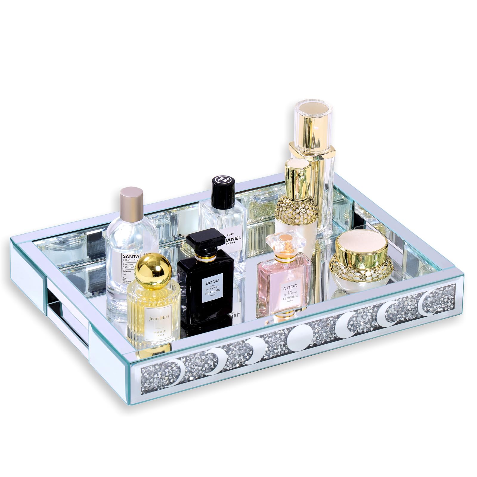Photo 1 of Crush Diamond Mirror Perfume Tray, Silver Glass Mirror Trays for Vanity, Table Trays Decorative, Moon Phase Pattern Vanity Trays for Bedroom Dresser Bathroom(15”x11”x2”)
