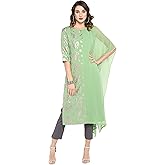 Janasya Indian Women's Green Foil Print Casual Wear Kurta for Women