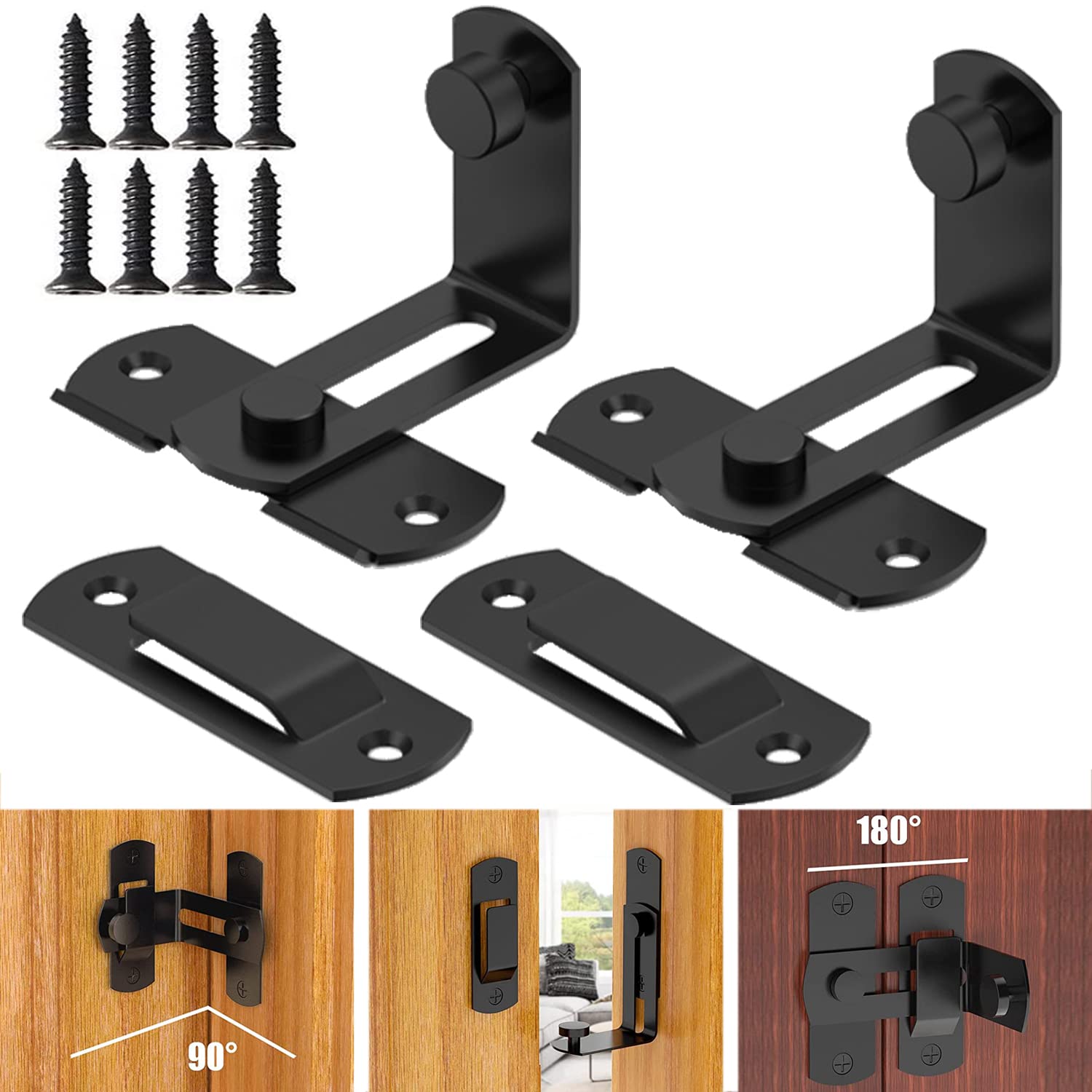 2 Pcs Door Lock Bolt Stainless Steel Door Latch Sliding Barn Door Lock Flip Gate Latch 90 Degree Right Angle Bedroom Door Lock for Toilet Shed Door Window Wine Cabinet Pet Gate Closet Door Black(S)